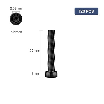 120pcs M3 x 20mm Hex Socket Head Cap Screws Bolts, 12.9 Grade Alloy Steel, Black Oxide Finish, Allen Socket Drive, Full Threads,with Hex Spanner - size: M3 x 20mm