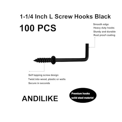 100 PCS 1-1/4 Inch Black Screw in L Hooks, 7 Shaped Right Angle Screw Hooks for Hanging Lamp,Plants,Decorations,kitchenware and DIY Crafts - size: 1-1/4inch 100pcs