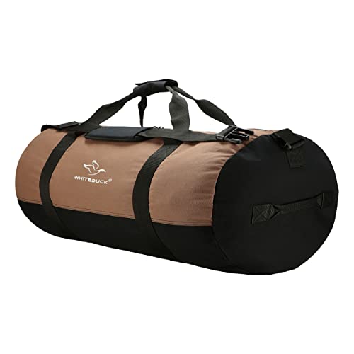 WHITEDUCK Heavy Duty Canvas Duffel Bag for Men and Women - Foldable Military Army Style Duffel Bag, with Full Length Zipper- Outdoors, Travel, Gym & Storage - color: Brown & Black, size: 48" x 20"