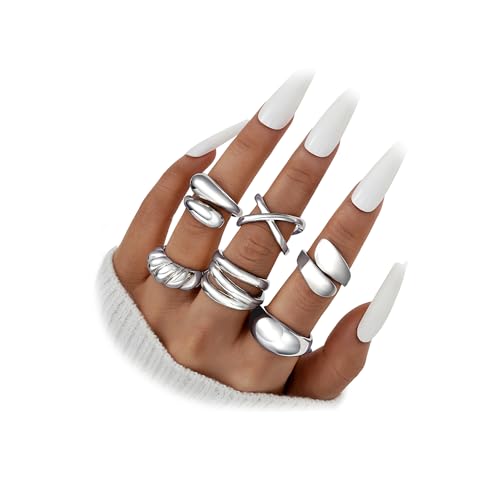 YEEZII Chunky Gold Rings for Women Non Tarnish, 18K Gold Plated Stackable Thumb Ring, Statement Women Rings Set - color: Silver