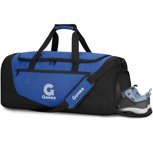 Gonex 60L Gym Duffel Bag with Shoe Compartment, Large Capacity | Water-Repellent Polyester, Wet Pocket, Multiple Storage, 3 Carry Options, Gym, Sports & Travel - color: Black/Blue, size: Medium (26inch / 60L)