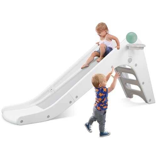 Toddler Indoor Slide, Foldable Baby Climber Playset with Basketball & Hoop | 63 in Extra Long Slope, Non-Slip Steps, Sturdy Plastic, Outdoor Playground for Backyard, Home & Playroom Use, Grey White - color: Grey White