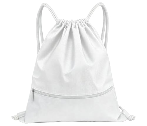 Sports Drawstring Backpack for Men, Waterproof Swim Gym Bag with Shoes Compartment for Women, Lightweight Pull String Sport Bag for Swim, Soccer, White&Large - color: White, size: Large