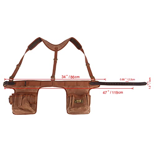 Tool Belt Bag with Suspenders-Carpenter Electrician Padded 5+ Pockets-Small | Heavy Duty Work Belt ,with Hammer Holder, Fit 28-42 inch Waist,Oil-Waxed Canvas, Leather Reinforcement, Multi-purpose Pockets