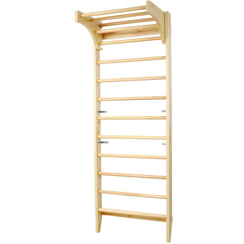 Swedish Ladder with Adjustable Pull‑Up Bar, Stall Bars Set for Physical Therapy Gymnastics Home Gym Strength Training, Durable Beech and Pine Wall Mounted Climbing Ladder for Fitness and Rehab - size: 86.6 H