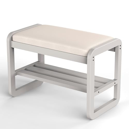 Solid Wood Shoe Rack, 2 Tier Shoe Storage Bench with Cushion Seat, 6 Pair Shoe Organizer for Entryway, Small, White, 24 Inch - color: White, size: 23.62*14.17*16.54