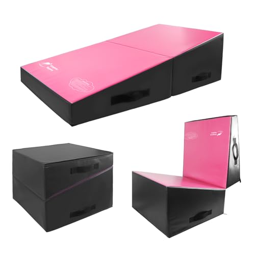Kangaroo Hoppers Gymnastics Cheese Wedge Mat for Kids Ages 1-12 | 3 Sizes Folding Incline Mat with High-Density EPE Foam and Removable PVC Leather Cover, Home Gym Training Equipment - color: Black/Hot Pink, size: 34" x 24" x 13"