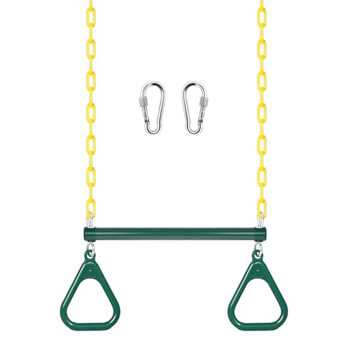 LadyRosian Gym Rings Trapeze Swing Bar 16", Heavy Duty 47" Chain Swing Set Accessories with Locking Carabiners, Monkey Bars for Backyard, Playground, Playroom - color: Green, size: 16"