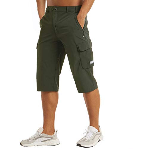 MAGCOMSEN Men's Workout Gym Shorts Quick Dry 3/4 Capri Pants Zipper Pockets Hiking Athletic Running Shorts - color: Green, size: 38