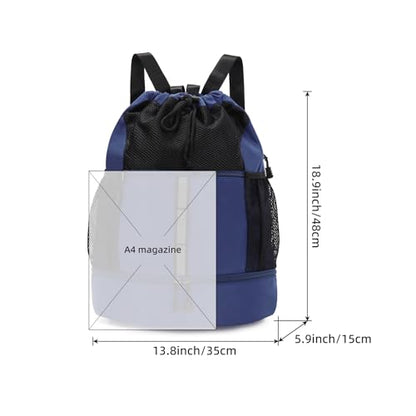 Valleycomfy Drawstring Gym Bag Sports Backpack With Shoe Compartment | Reflective Strips Top Handle Dark Blue - color: Dark Blue