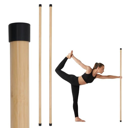 P Polerden Yoga Stick, 5ft Exercise Stick for Mobility, Stretching Stick with Non-Slip Ends, Exercise Dowel for Pilates, Balance Pole and Stretch Bar for Stretching Equipment - size: 2 PCS (58 inches + 58 inches) Natural Bamboo