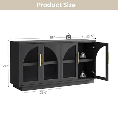 Fatmok 2-Piece Buffet Cabinet Set, Glass Display Cabinet & Solid Storage Cabinet Combo, 59” Modern Sideboard with Adjustable Shelves for Dining Room Living Room Entryway (Black Grey) - color: Ab-black Grey