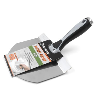 ROLLINGDOG 8 Inch Drywall Bucket Scoop Stainless Steel | Scraper Mud Scoop for Plaster, Morter, Putty, Curved scoop, Rubber grip handle, Angled handle - color: 8 Inch