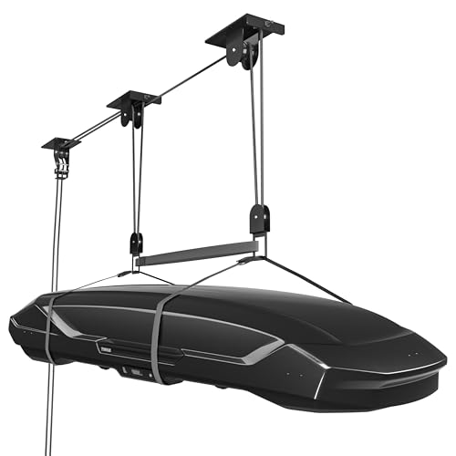 TRUSOON Cargo Box Hoist, Garage Pulley Lift System,150 lbs | For cargo box and kayak, 10-18 ft garage ceiling, 3-point stability, anti-scratch ring, heavy-duty steel