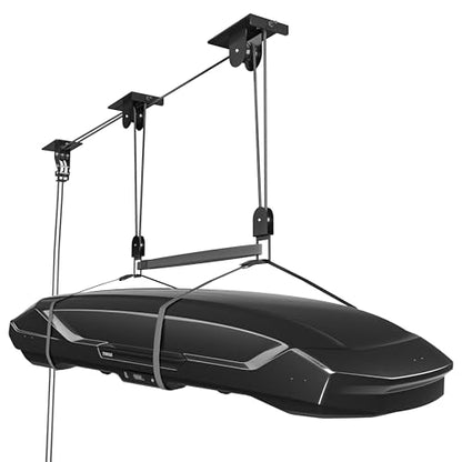 TRUSOON Cargo Box Hoist, Garage Pulley Lift System,150 lbs | For cargo box and kayak, 10-18 ft garage ceiling, 3-point stability, anti-scratch ring, heavy-duty steel