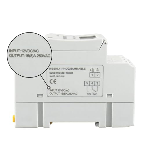 BAOMAIN THC15A 12V Digital Programmable Timer Switch,16A Weekly Relay | AC/DC 12V Power Input with 16A Max Switch Capacity,Up To 250VAC,Supports 28 Weekly Settings. Din Rail Mount
