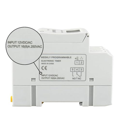 BAOMAIN THC15A 12V Digital Programmable Timer Switch,16A Weekly Relay | AC/DC 12V Power Input with 16A Max Switch Capacity,Up To 250VAC,Supports 28 Weekly Settings. Din Rail Mount