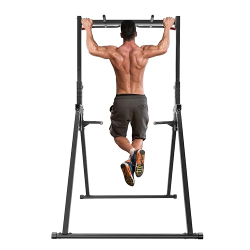 Power Tower Pull Up Dip Station, Foldable Triangular Pull Up Station Adjustable Height, Multi-Function Pull Up Bar Strength Training Fitness Equipment, Horizontal Bars for Gyms, Home