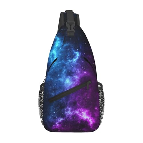 Galaxy Crossbody Sling Bags for Women Men Blue and Purple Galaxy with a Planet and a Moon Space Background Travel Sling Backpack Casual Shoulder Bag Universe Theme Gym Sports Hiking Daypack - color: Blue Purple