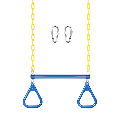 LadyRosian 17" Trapeze Bar Swing Set Gym Rings 47" Heavy Duty Chain Swing Set Accessories with Locking Carabiners Plastic Coated Chains Monkey Bars for Backyard, Playroom (Blue) - color: Blue, size: 17"