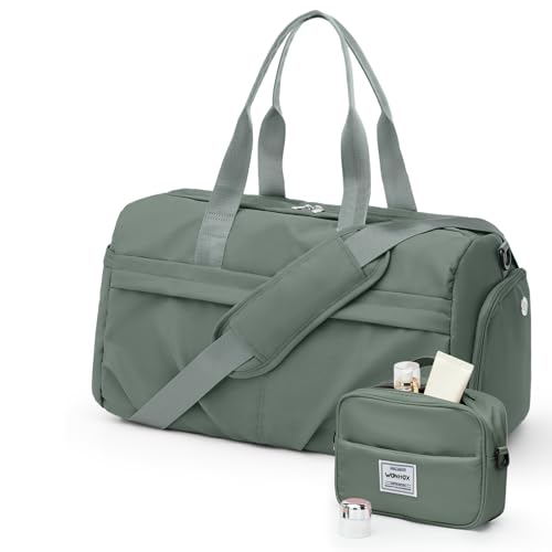 Gym Bag for Women Men, Sport Duffel Bag with Toiletry Bag & Shoe Compartment,Waterproof Travel Weekender Overnight Carry on Bag for Yoga with Trolley Sleeve, Green Set - color: A5-Green Set