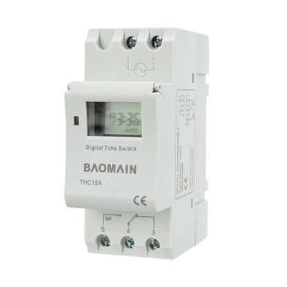 BAOMAIN THC15A AC 110V Digital Programmable Timer Switch,16A Weekly Relay | AC 110V Power Input with 16A Max Switch Capacity,Up To 240VAC,Supports 28 Weekly Settings. Din Rail Mount