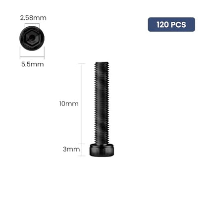 120pcs M3 x 10mm Hex Socket Head Cap Screws Bolts, 12.9 Grade Alloy Steel, Black Oxide Finish, Allen Socket Drive, Full Threads,with Hex Spanner - size: M3 x 10mm