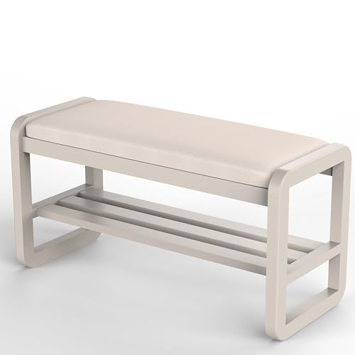 Solid Wood Shoe Rack, 2 Tier Shoe Storage Bench with Cushion Seat, 10 Pair Shoe Organizer for Entryway, White, 39 Inch - color: White, size: 39.37*14.17*16.54