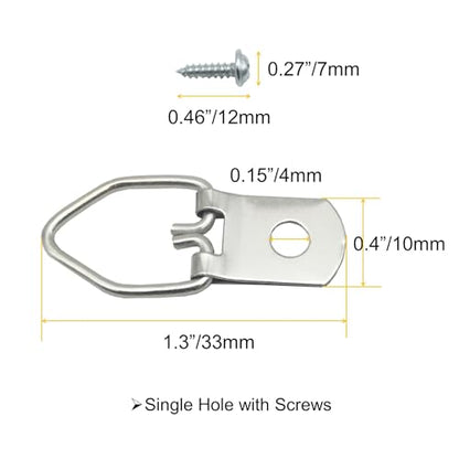 100 Pack Small D-Ring Steel Picture Hangers with Screws (Silver) | Metal Picture Hanging Kit, Picture Frames Hangers, For Hanging Photo Frames, Artwork, Paintings, Clock, Canvas Hooks - size: 100 Pack-Single hole