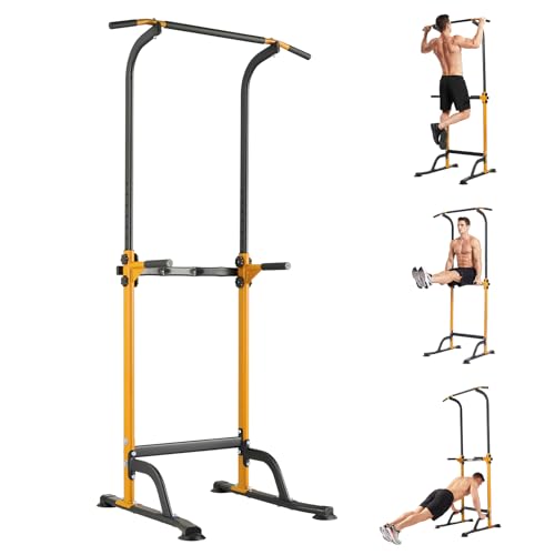 Power Tower Home Gym Strength Training Station Adjustable 10 Height Levels, Heavy-Duty Chin-Up Tower with Parallel Dip Handles, Bodyweight Workout Equipment for Pull-Ups, Dips, Knee Raises, Push-Ups, 330 Lb Capacity - color: Yellow