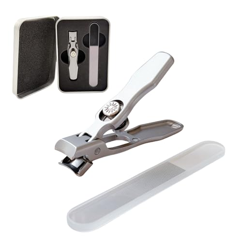 German Heavy Duty Nail Clippers for Thick Nails - Ultra Sharp Stainless Steel Clippers with Wide Jaw Opening & Anti-Splash Catcher - Ideal for Seniors, Men & Women with Safety Lock - style: Small Silver Set with Nail File