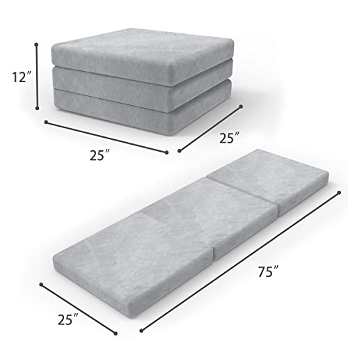 SINWEEK Tri Folding Mat Foam Topper 3.95" Thickness Floor Cot Mat, Guset mat with Removable&Machine Washable Cover and Lining, CertiPUR-US Certified 25 x 75 Inch - size: S (25 x 75 Inch), style: High Support Foam
