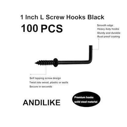 100 PCS Black 7 Shaped Right Angle Screw Hooks,1 Inch Screw in L Shaped Hooks for Hanging Lamp,Plants,Decorations,kitchenware and DIY Crafts - size: 1inch 100pcs
