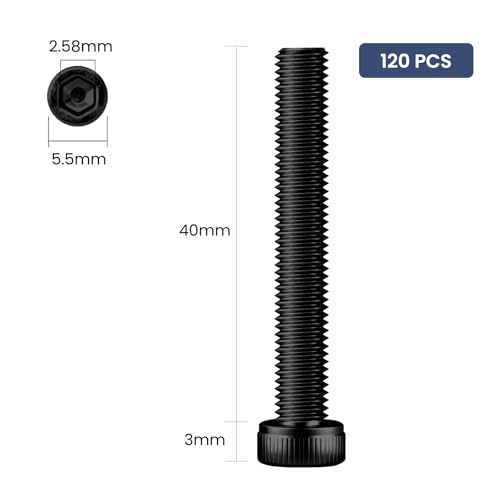 120pcs M3 x 40mm Hex Socket Head Cap Screws Bolts, 12.9 Grade Alloy Steel, Black Oxide Finish, Allen Socket Drive, Full Threads,with Hex Spanner - size: M3 x 40mm
