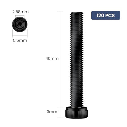 120pcs M3 x 40mm Hex Socket Head Cap Screws Bolts, 12.9 Grade Alloy Steel, Black Oxide Finish, Allen Socket Drive, Full Threads,with Hex Spanner - size: M3 x 40mm