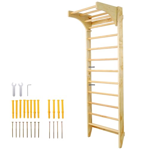 Swedish Ladder with Adjustable Pull‑Up Bar, Stall Bars Set for Physical Therapy Gymnastics Home Gym Strength Training, Durable Beech and Pine Wall Mounted Climbing Ladder for Fitness and Rehab - size: 86.6 H