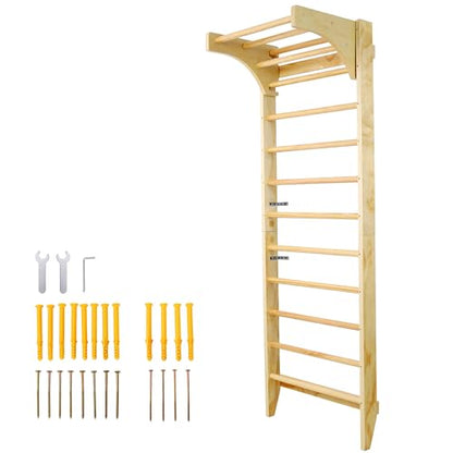 Swedish Ladder with Adjustable Pull‑Up Bar, Stall Bars Set for Physical Therapy Gymnastics Home Gym Strength Training, Durable Beech and Pine Wall Mounted Climbing Ladder for Fitness and Rehab - size: 86.6 H