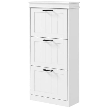 HOMCOM Shoe Storage Cabinet with 3 Flip Drawers, Narrow Shoe Cabinet, White | Freestanding, Adjustable Shelves, Slim Hidden Rack Organizer, Entryway, Hallway