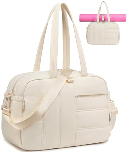 CAMTOP Gym Bag for Women with Yoga Mat Holder, Small Duffle Bag 16 Inches Personal Item Travel Bag with Muiti-Pockets Lightweight Carry on Water Resistant, Beige