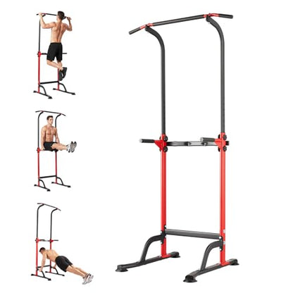 Power Tower Pull Up Bar Station - 330 LBS Stable Multi-Function Gym Dip Station for Home Strength Training Equipment - 10 Adjustable Heights Heavy Duty Pull-Up Tower with h-Shaped Base & Push-Up - color: Red
