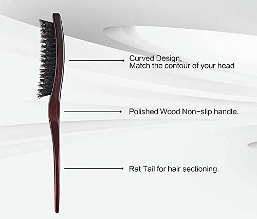 PERFEHAIR 100% Pure Boar Bristle Teasing Hair Brush with Wooden Handle, 3 Row Slim Backcombing Brush, 8.8 inch