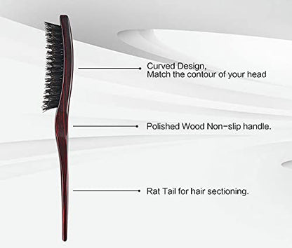 PERFEHAIR 100% Pure Boar Bristle Teasing Hair Brush with Wooden Handle, 3 Row Slim Backcombing Brush, 8.8 inch