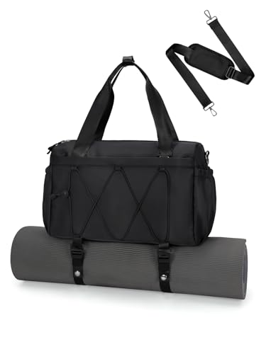 RHDZO Small Gym Bag for Women with Yoga Mat Holder and Wet Pocket, Black | Mini Duffle Bag for Men, Yoga Bags with Barbell Pad Holder, Water Bottle Holder, Sports Travel Workout Dance, Luggage Strap - color: Black
