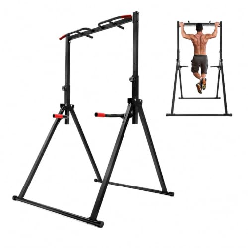 Foldable Power Tower Dip Station Pull Up Bar Station | with Double Bars 5.74ft-7.55ft Height Adjustable for Pull Ups, Dips, 440lbs Load Capacity