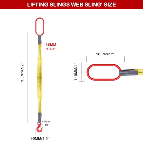 Lifting Sling Heavy Duty Web Sling with G80 Hook | 4.92 Ft Length, 6600 Lbs Max Load, Heavy Duty Industrial Polyester Webbing, Ideal for Cargo Hoist & Construction Lifting - size: 4.92FT