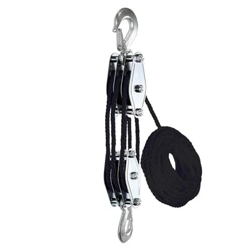 Rope Pulley Hoist Multifunctional 2200 LBS Breaking Strength | 3/8 Rope for Lifting Hoisting Rigging Garage Shop Hunting Farm Construction Industrial Warehouse Marine Overhead Recovery - color: Black.