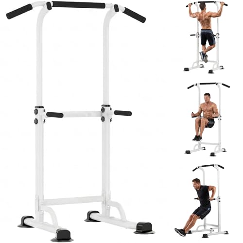 Adjustable Power Tower Pull Up Bar Dip Station, Free Standing Pull Up Rack Dip Station for Home Gym, 400LBS Capacity Height Heavy Duty Multi-Function Home Strength Training Fitness Workout Equipment - color: White