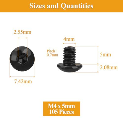 105 Pieces M4 x 5mm Button Head Socket Cap Screws, Thread Pitch 0.7mm, Sutemribor M4 Black Screws, 10.9 Grade Alloy Steel, Black Oxide Finish, Fully Threaded - size: M4 x 5mm, style: Button Head