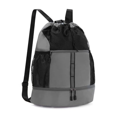 Valleycomfy Drawstring Gym Bag Sports Backpack With Shoe Compartment Grey | Reflective Strips Top Handle - color: Grey08