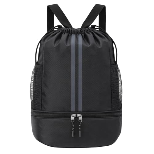 Drawstring Backpack Gym Bag, Waterproof String with Shoe Compartment, Black | 900D Oxford, Waterproof Divider, 2 Side Mesh Pockets, Adjustable Straps, 13 x 16.9 In, For Gym, Swim,Basketball,Beach